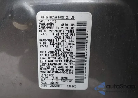 2017 Nissan Rogue Sv from USA, damaged, VIN JN8AT2MV4HW002909